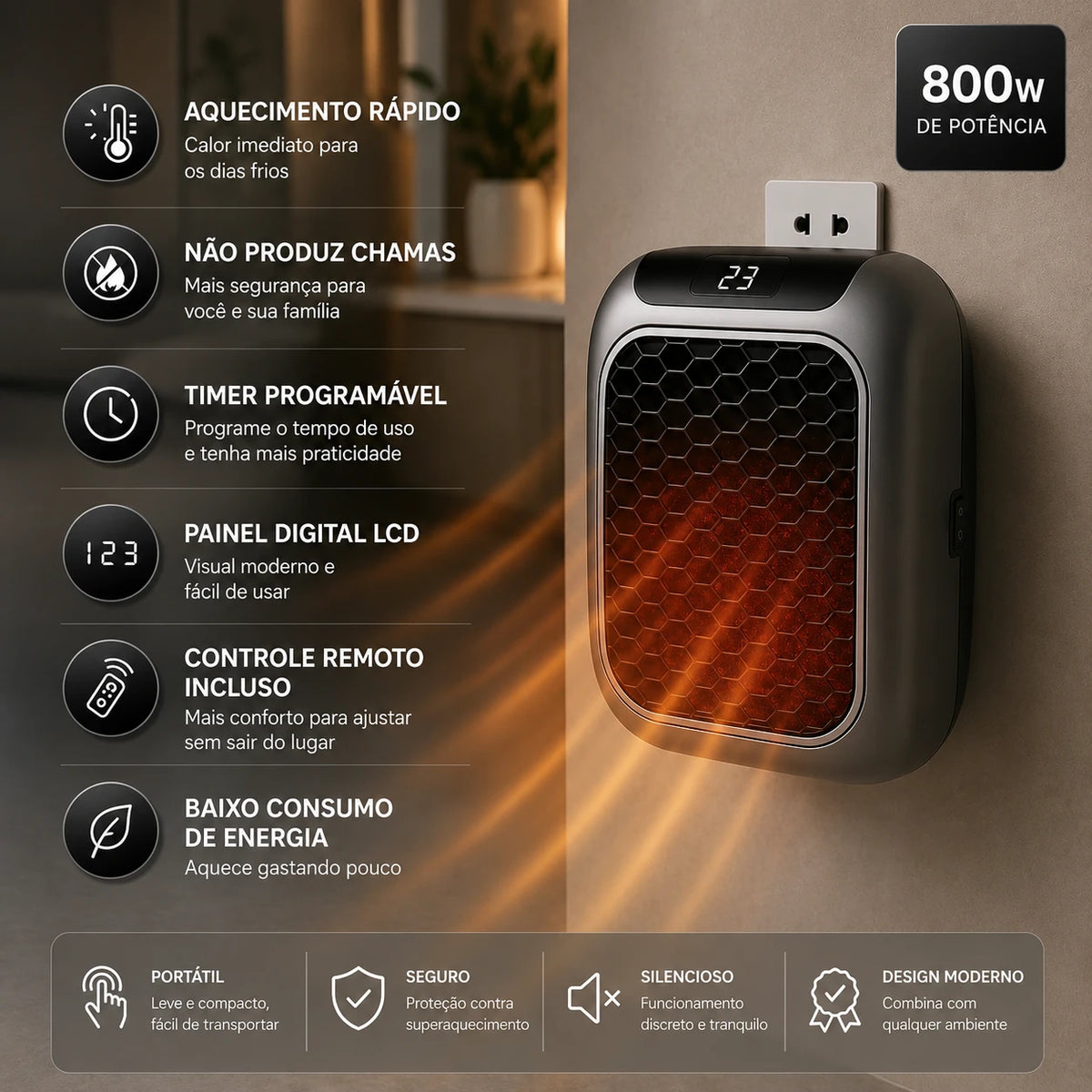 Aquecedor Portátil HeatBox™ Bivolt com Controle Remoto