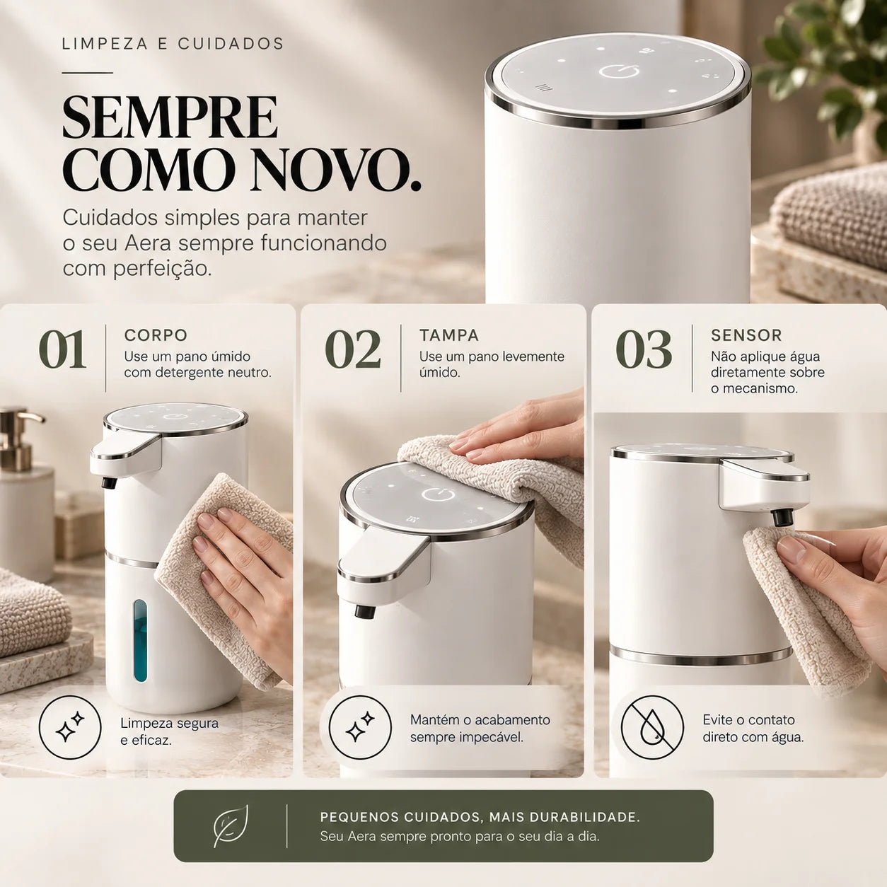 Passo a passo de limpeza do dispenser automático de sabonete em espuma Aera