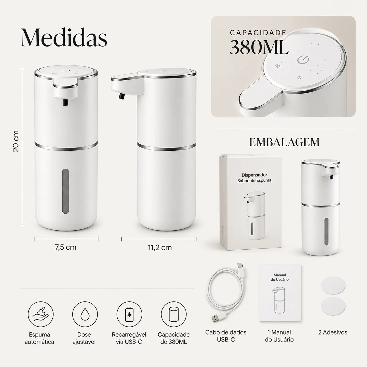 Medidas do dispenser Aera, reservatório de 380 ml e dimensões da embalagem