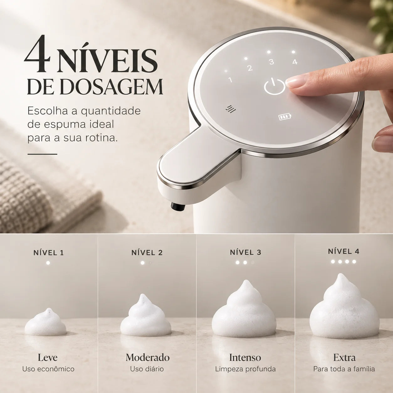 Os 4 níveis de dosagem de espuma do dispenser automático Aera