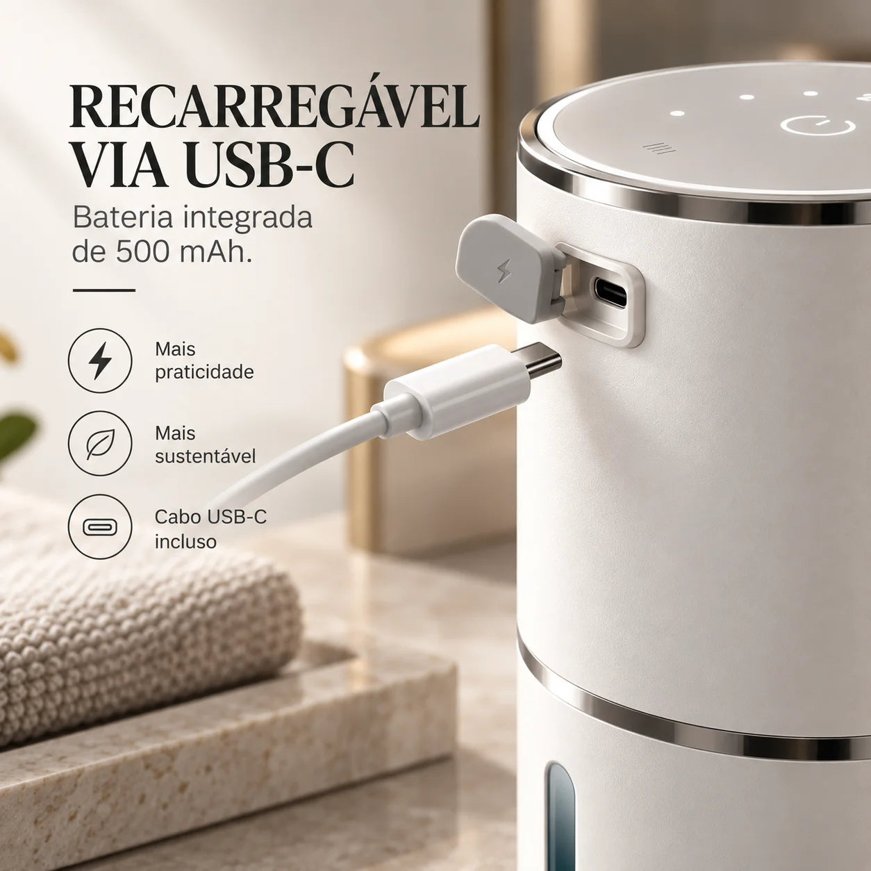 Dispenser de sabonete em espuma Aera recarregável via USB-C, bateria de 500 mAh