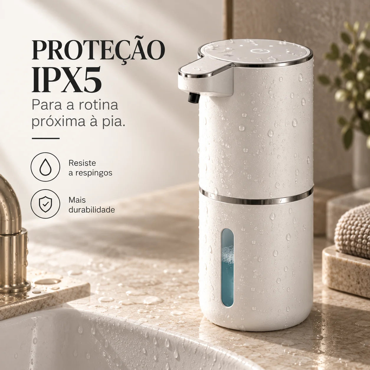 Proteção IPX5 do dispenser automático Aera para uso próximo à pia