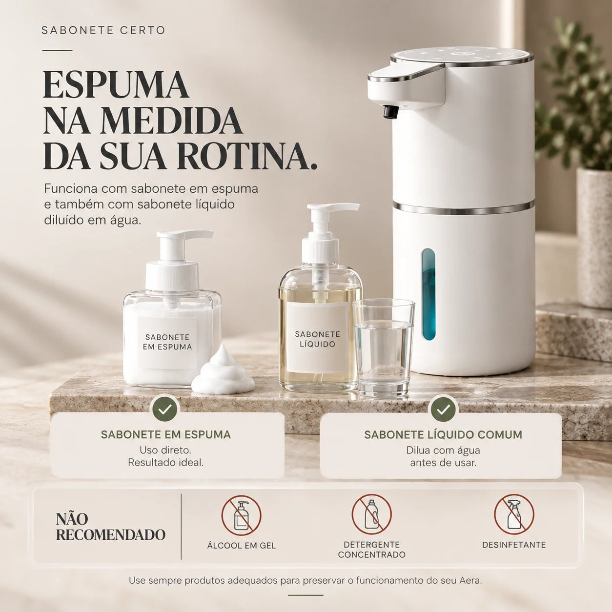 Sabonete em espuma na medida certa liberado pelo dispenser automático Aera
