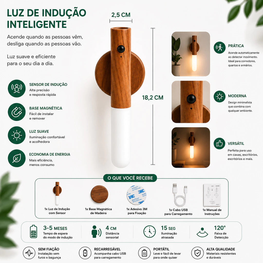 Luminária de Parede Led Inteligente com Sensor e Base Magnética – Madeira