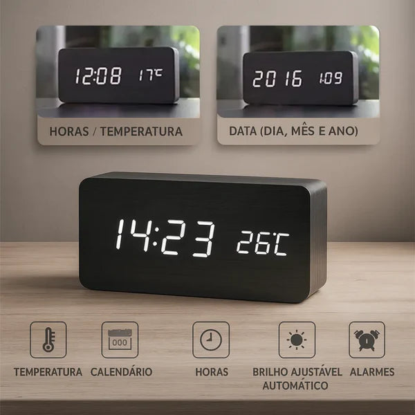 Relógio Digital Wood Design LED Despertador Mesa Decorativo