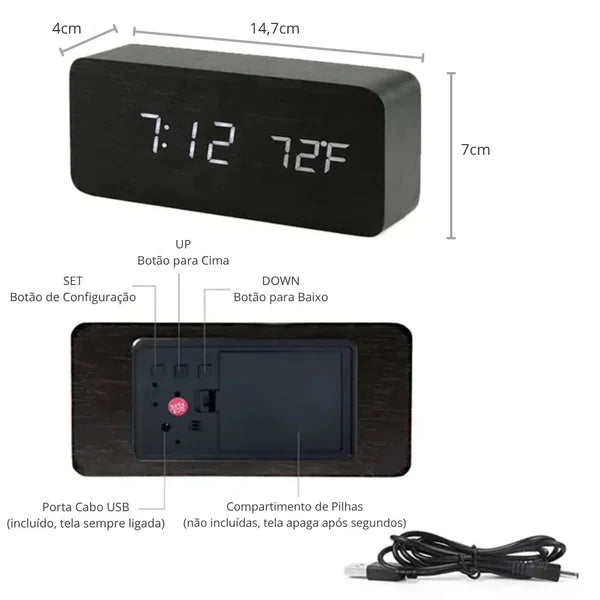 Relógio Digital Wood Design LED Despertador Mesa Decorativo