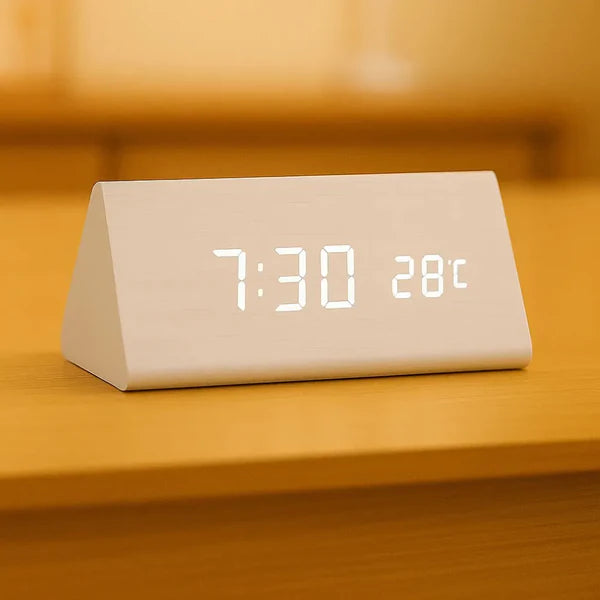 Relógio Digital Wood Design LED Despertador Mesa Decorativo Triangular