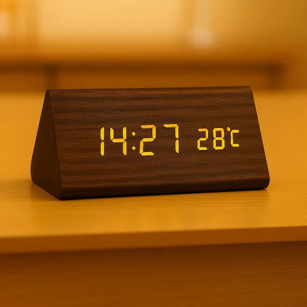 Relógio Digital Wood Design LED Despertador Mesa Decorativo Triangular