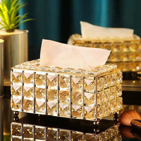 Porta-lenço de papel decorativo em cristal e acrílico dourado