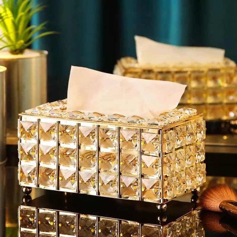 Porta-lenço de papel decorativo em cristal e acrílico dourado