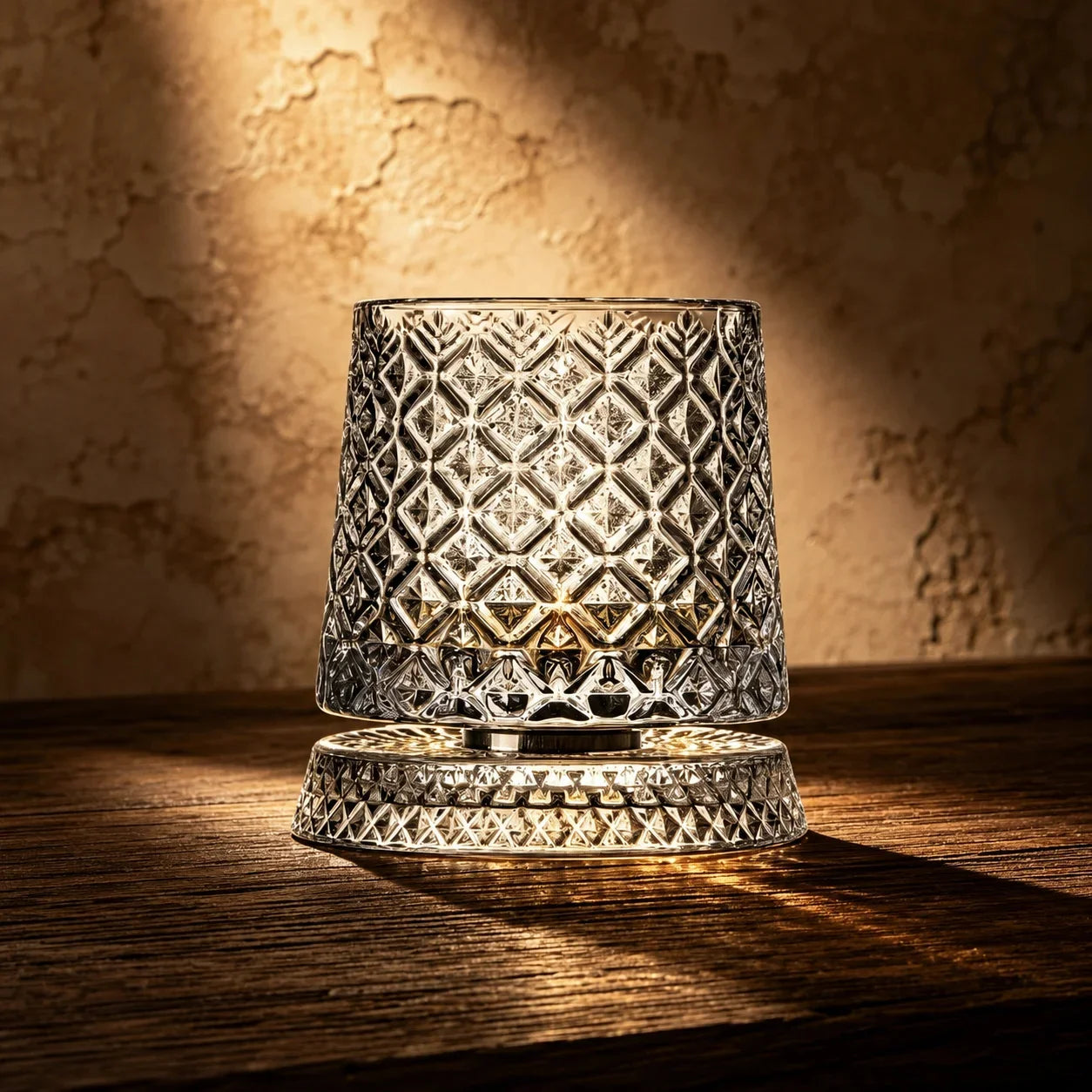 Detalhe do relevo do copo Orbis na lapidação mosaico, com luz quente atravessando o cristal