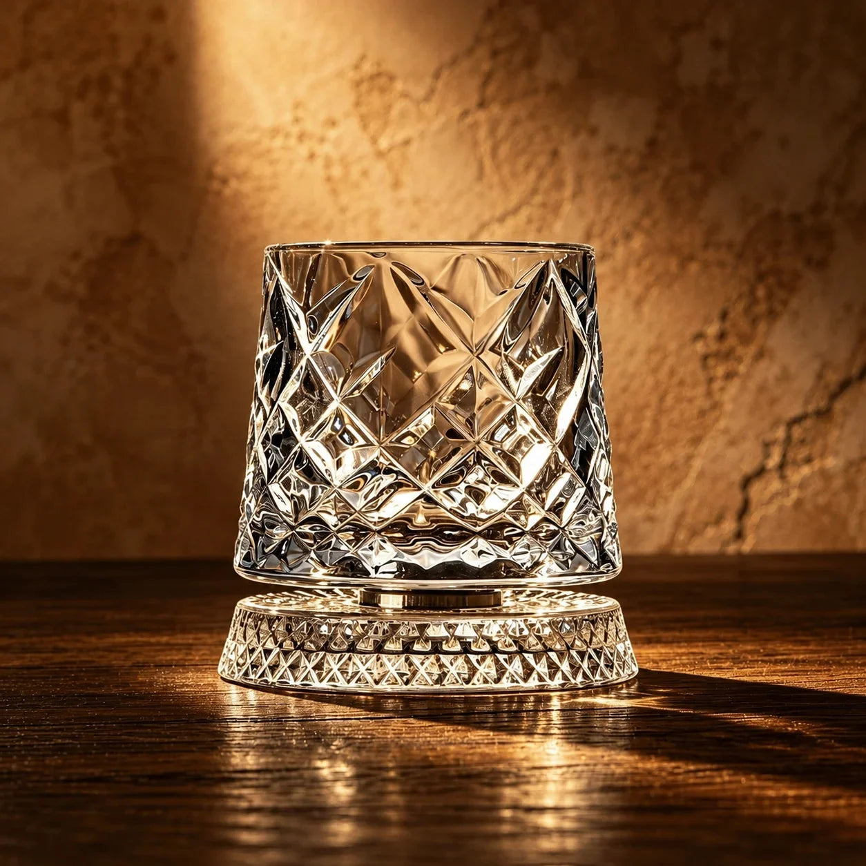 Copo de whisky Orbis em cristal lapidado com lapidação diamante, apoiado na base giratória de cristal