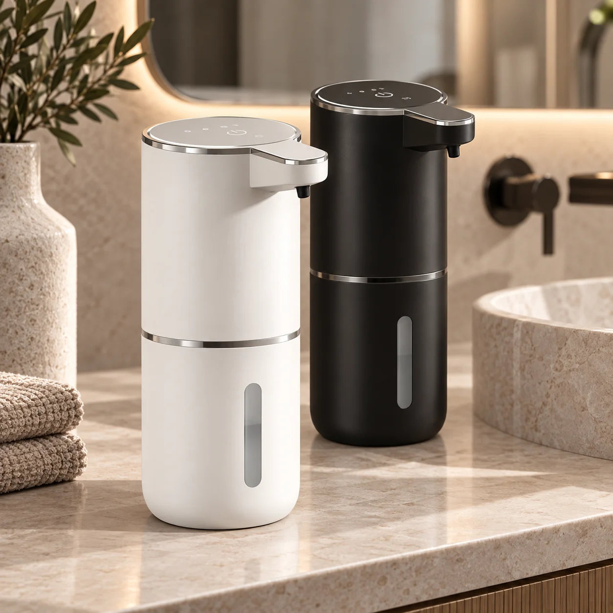 Dispenser automático de sabonete em espuma Aera branco e preto na bancada do banheiro