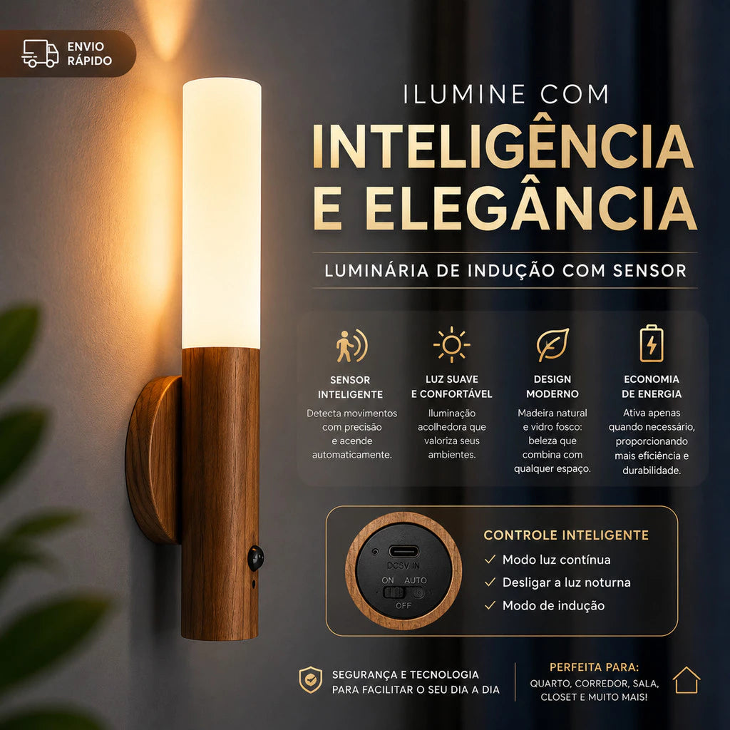 Luminária de Parede Led Inteligente com Sensor e Base Magnética – Madeira
