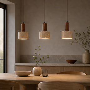 Luminária Pendente Moderna Wabi-Sabi em Travertino e Madeira Kanso