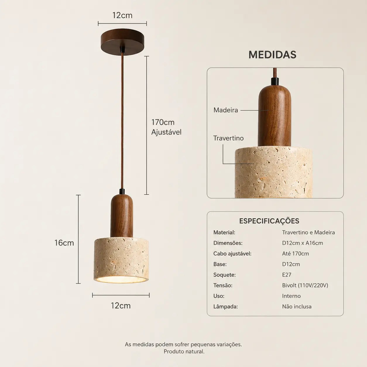 Luminária Pendente Moderna Wabi-Sabi em Travertino e Madeira Kanso