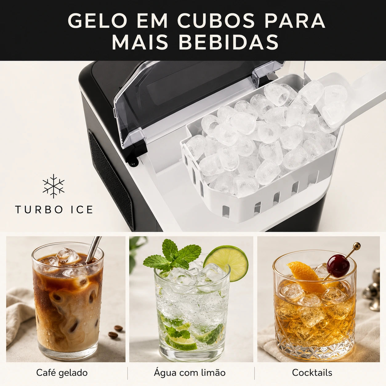 Máquina de Gelo Portátil Turbo Ice para Casa, Bar e Área Gourmet 110V