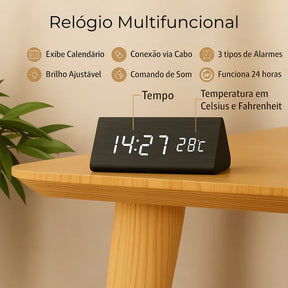 Relógio Digital Wood Design LED Despertador Mesa Decorativo Triangular