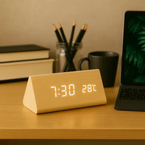 Relógio Digital Wood Design LED Despertador Mesa Decorativo Triangular