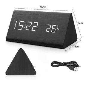 Relógio Digital Wood Design LED Despertador Mesa Decorativo Triangular