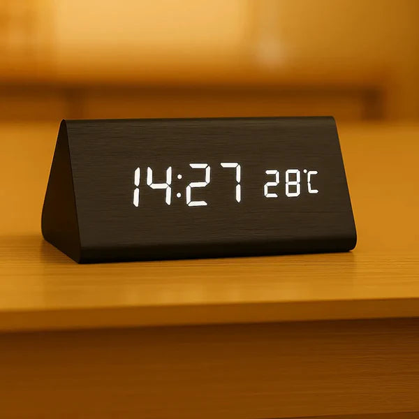 Relógio Digital Wood Design LED Despertador Mesa Decorativo Triangular