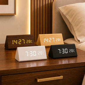 Relógio Digital Wood Design LED Despertador Mesa Decorativo Triangular
